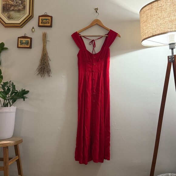 Reformation | Tomato Red Tayler Midi Dress Size 0 Sweetheart Neck Tie Back - Picture 4 of 5
